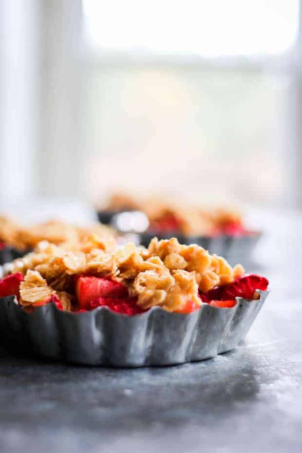 A close up of an Individual Strawberry Crisp