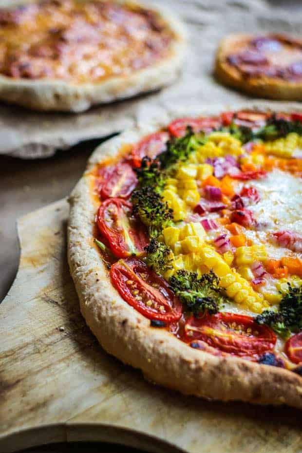 A closeup of rainbow gluten free veggie pizza