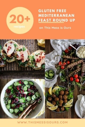 a graphic showing images of hummus, flatbreads, kofta, and falafel for a Gluten Free Mediterranean Feast Round Up with over 20 recipes
