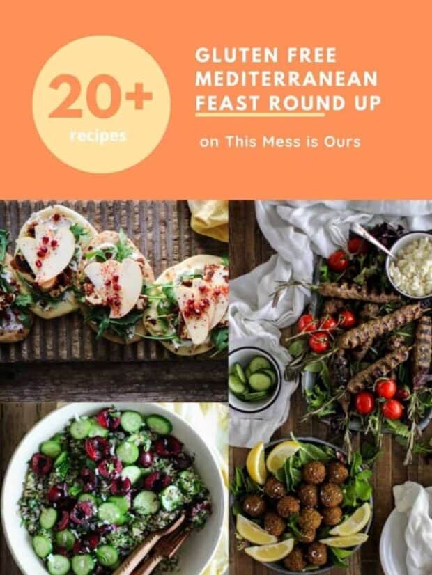 a graphic showing images of hummus, flatbreads, kofta, and falafel for a Gluten Free Mediterranean Feast Round Up with over 20 recipes
