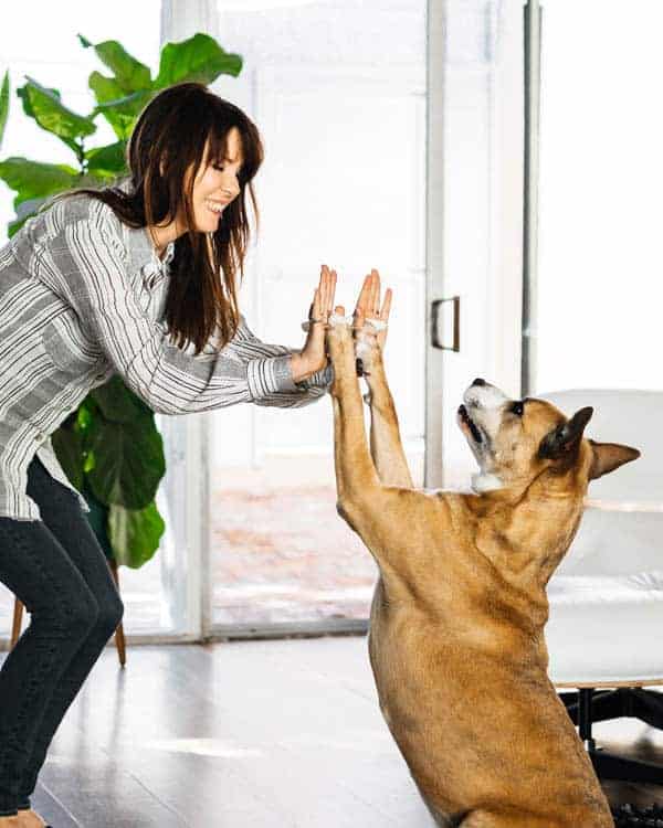 A woman and a dog going each other high fives