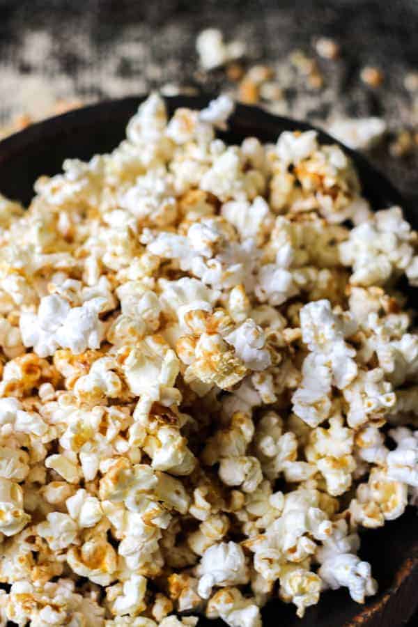 A close up of a bowl of DIY Microwave Kettle Corn 