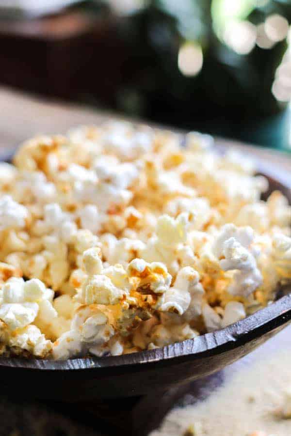 A bowl of DIY Microwave Kettle Corn on a table