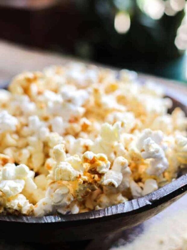 A bowl of DIY Microwave Kettle Corn on a table