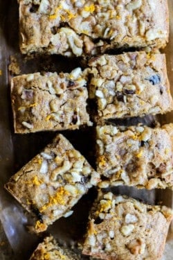 A close up of The Most Delicious Snack Cake cut into 8 squares.