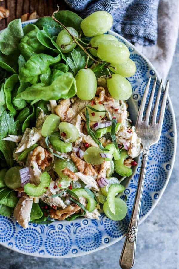 A close up of Easy Rotisserie Chicken Salad on a blue plate