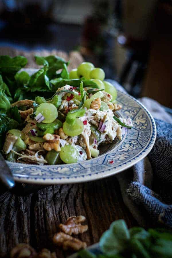 A plate piled high with Easy Rotisserie Chicken Salad