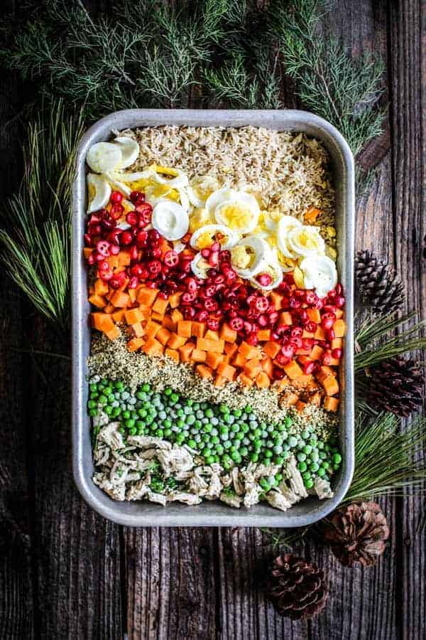 A big pan of home made dog food. This recipe has brown rice, hard boiled eggs, fresh sliced cranberries, boiled sweet potatoes, green peas, ground turkey, fresh herbs, and hemp hearts