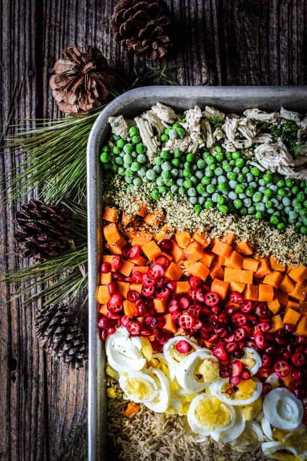 A large baking pan full of Home Made Dog Food ready to be mixed together. It has brown rice, ground turkey, herbs, peas, hemp hearts, cranberries, sweet potato, and hard boiled eggs