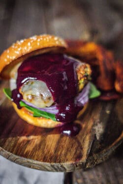 A juicy turkey burger smothered in Blueberry Jalapeño BBQ sauce