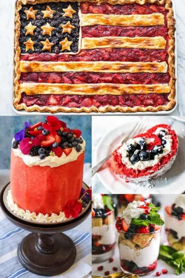 A collage of 4 different red, white, and blue dessert recipes.