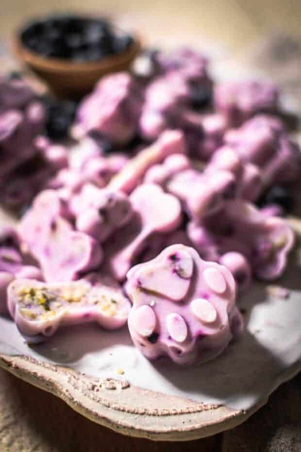 Paw and bone shaped frozen blueberry and Greek yogurt dog treats.