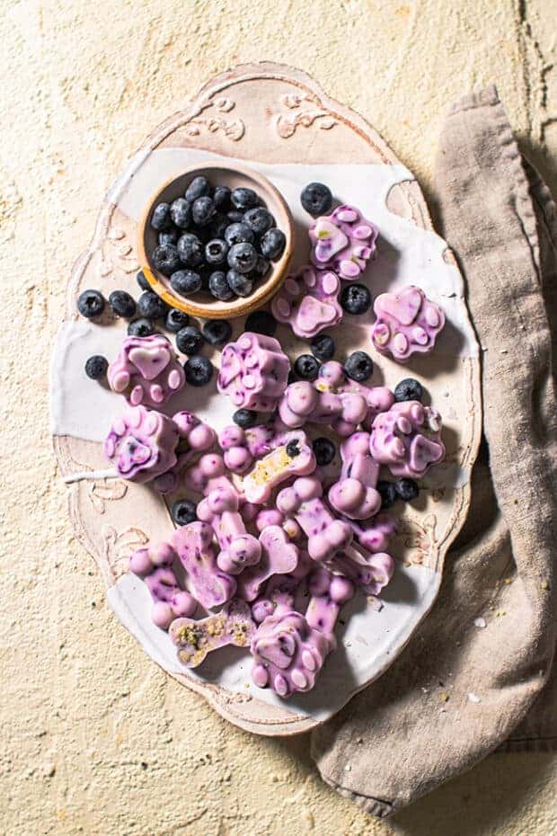 A plate of frozen blueberry and yogurt dog treats.