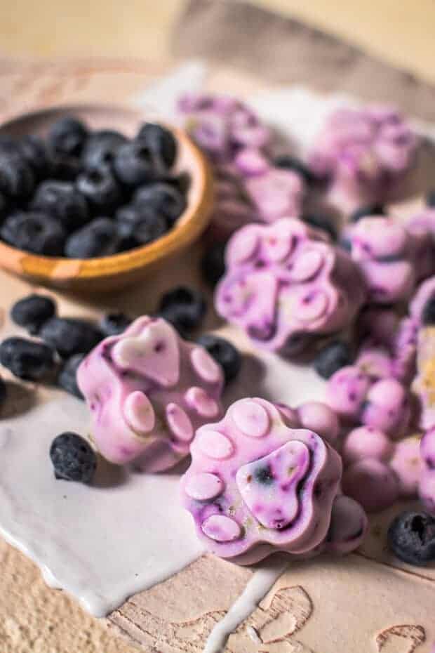 Purple tinted frozen dog treats made of blueberries and Greek yogurt.