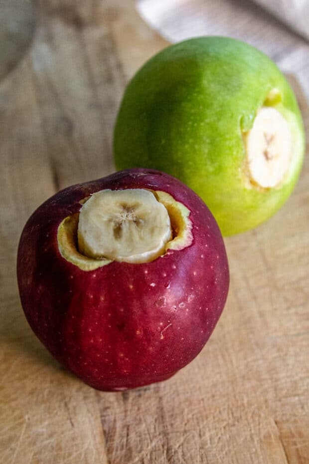 DIY Apple Kong treat with banana inside.