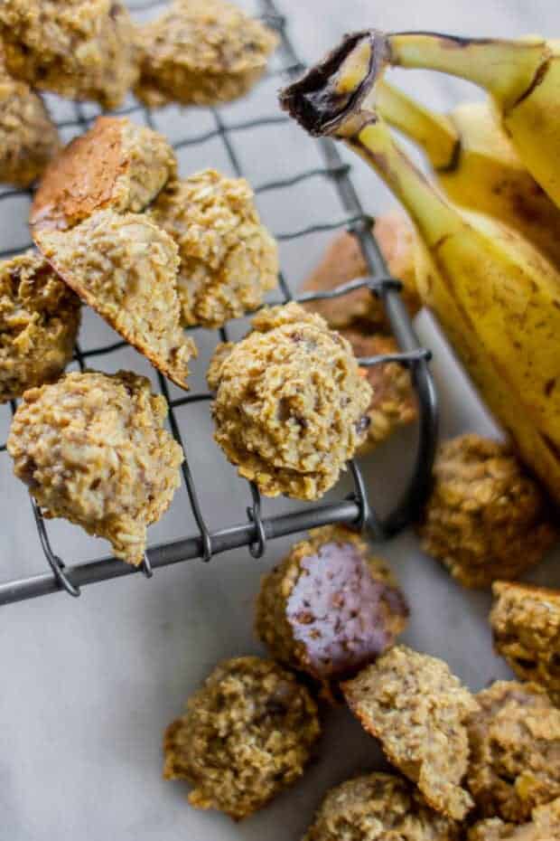 Banana bread dog treats on a cooling rack.