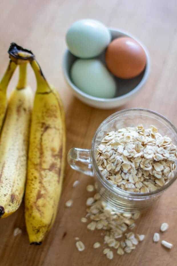 Ripe bananas, oats, and eggs