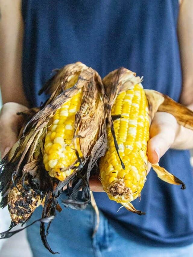 Corn that was grilled in teh husk being held up for the camera.