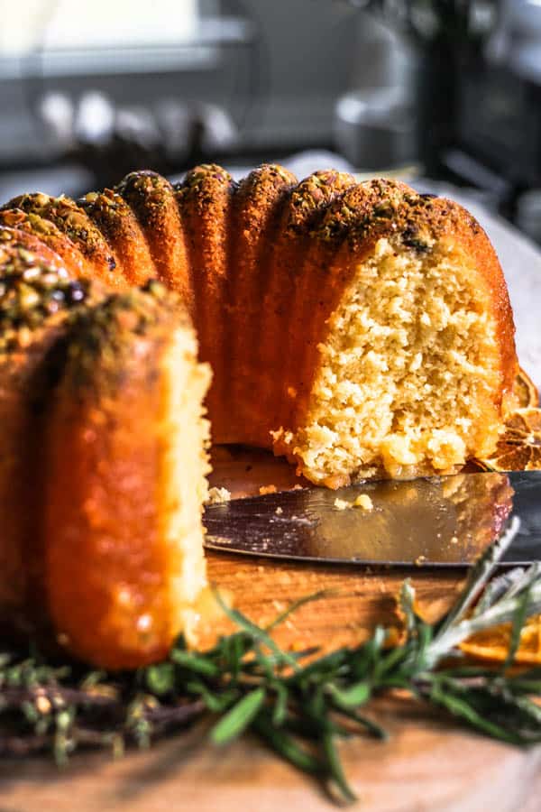 The inside of an orange juice cake.