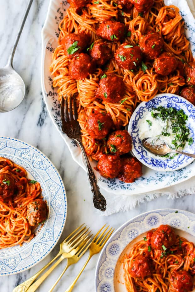 Spaghetti on a platter with the best meatballs recipe! 