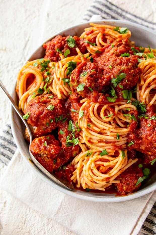 Sheet pan meatballs in marinara sauce. 