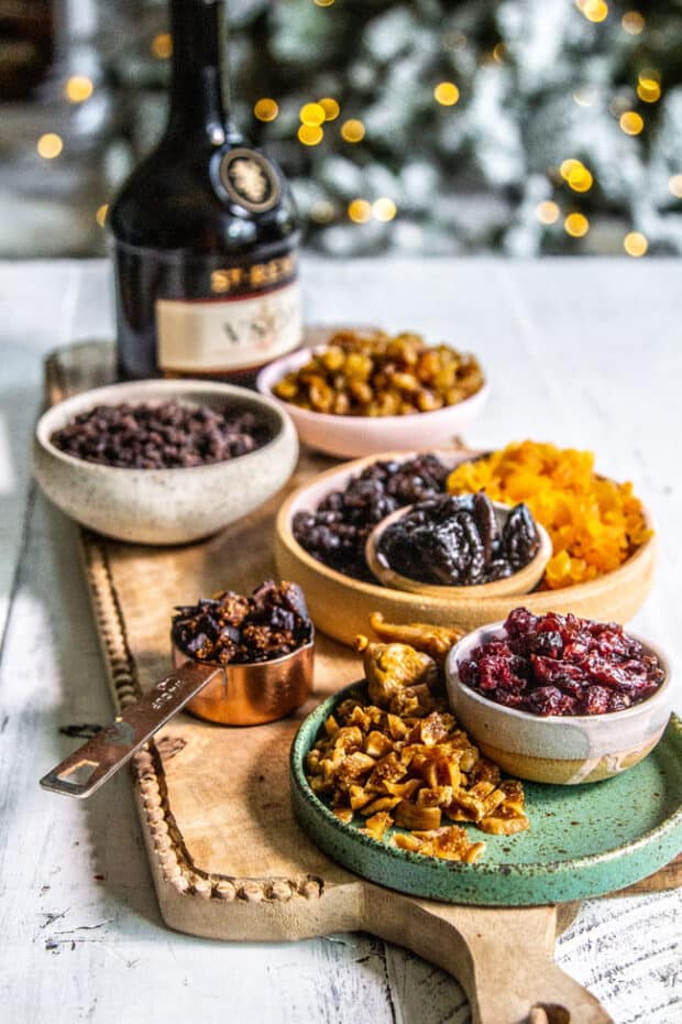 The dried fruit and brandy for making fruitcake.