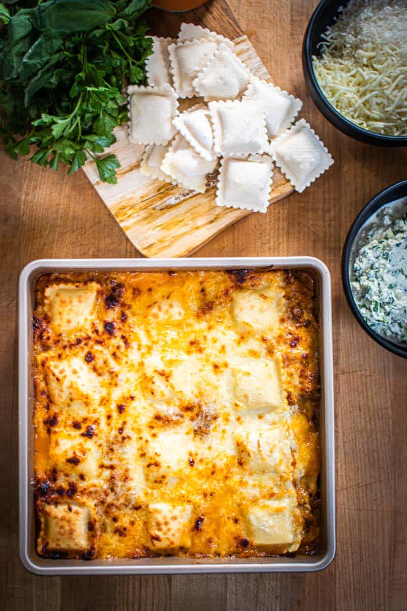 A pan of ravioli bake & ingredients