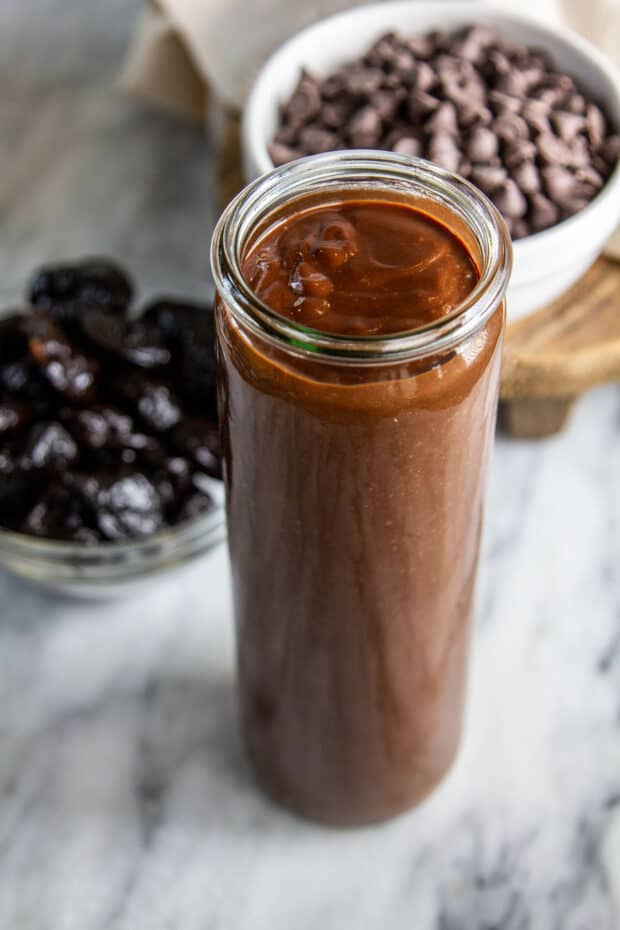 Jar of chocolate prune sauce