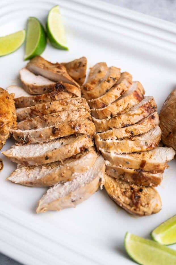 Sangrita Marinated Chicken breast sliced to serve.