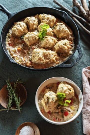 A skillet of chicken and dumplings next to a bowl with a serving inside ready to eat.