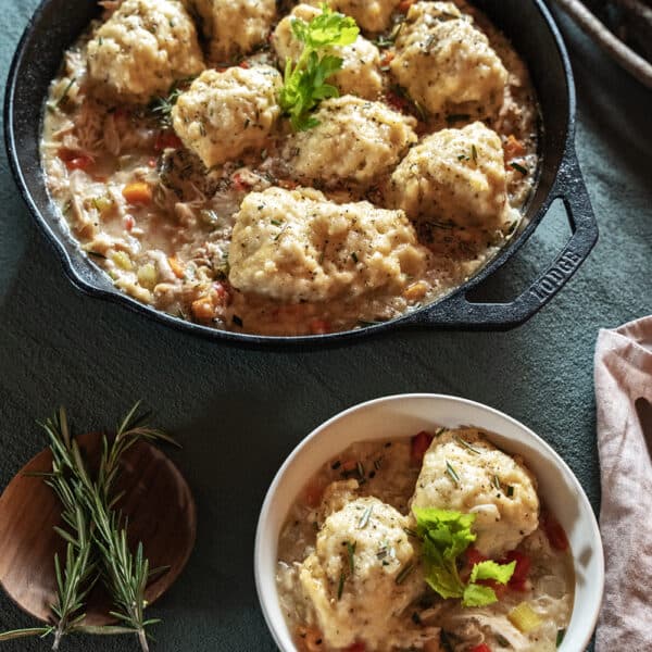 A skillet of chicken and dumplings next to a bowl with a serving inside ready to eat.