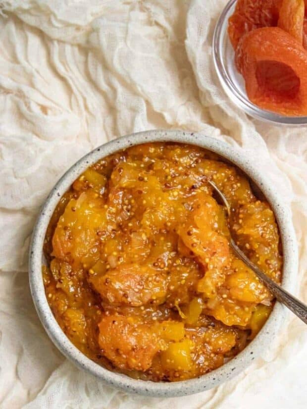 Apricot Mango Mostarda in a serving bowl.