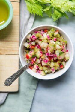 A bowl of Homemade Celery Cucumber Relish.