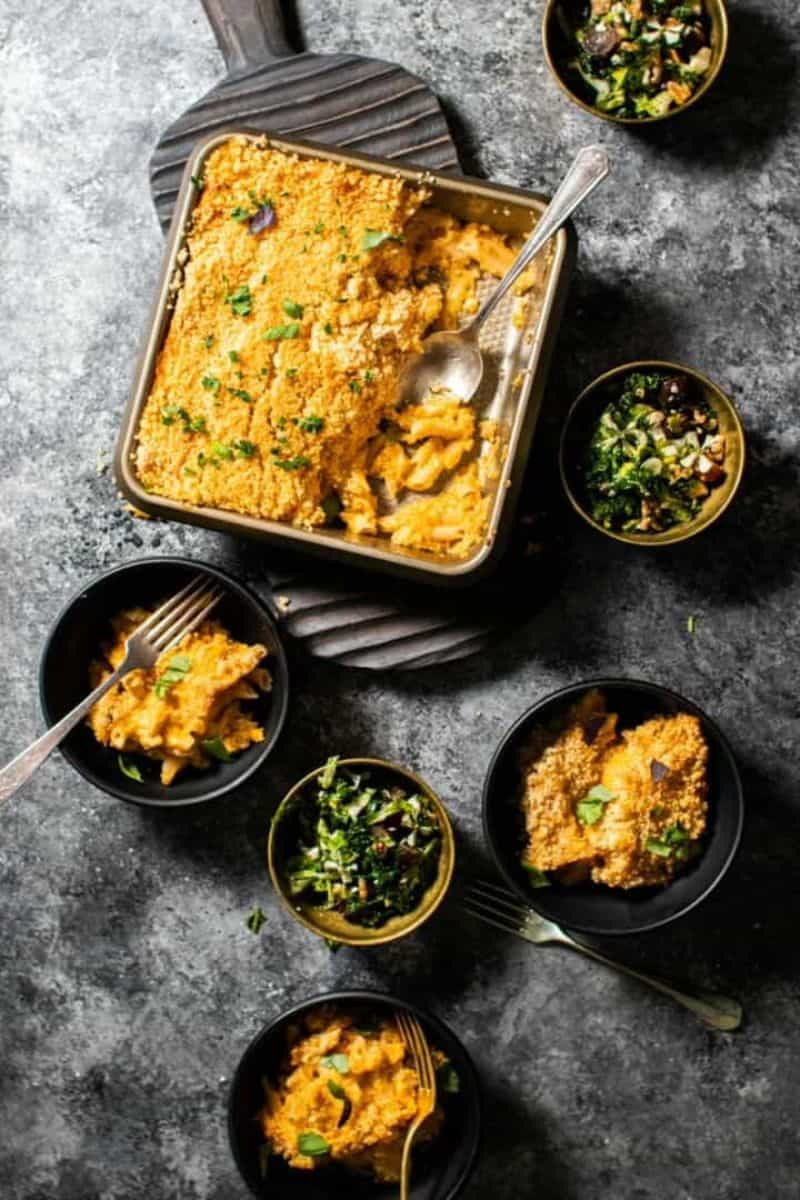 baked mac & cheese in pan & bowls