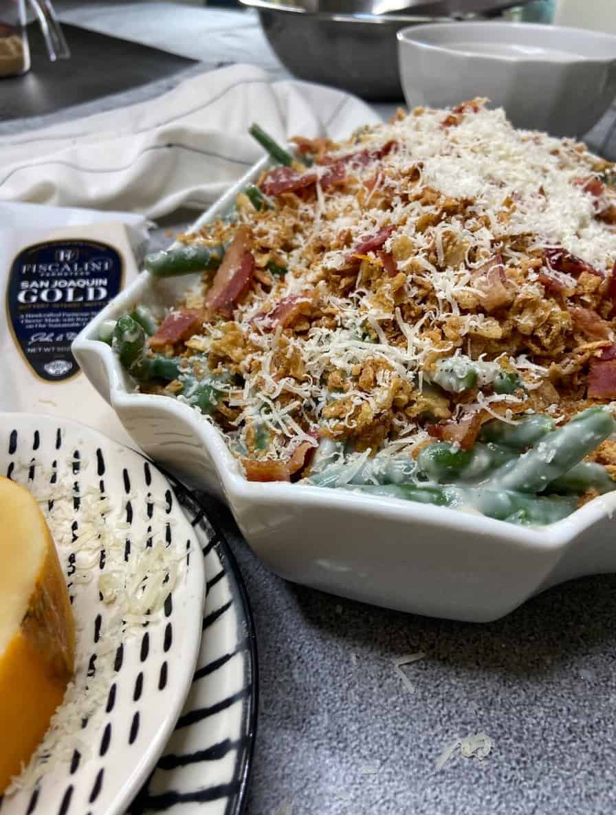 green bean casserole in white serving dish