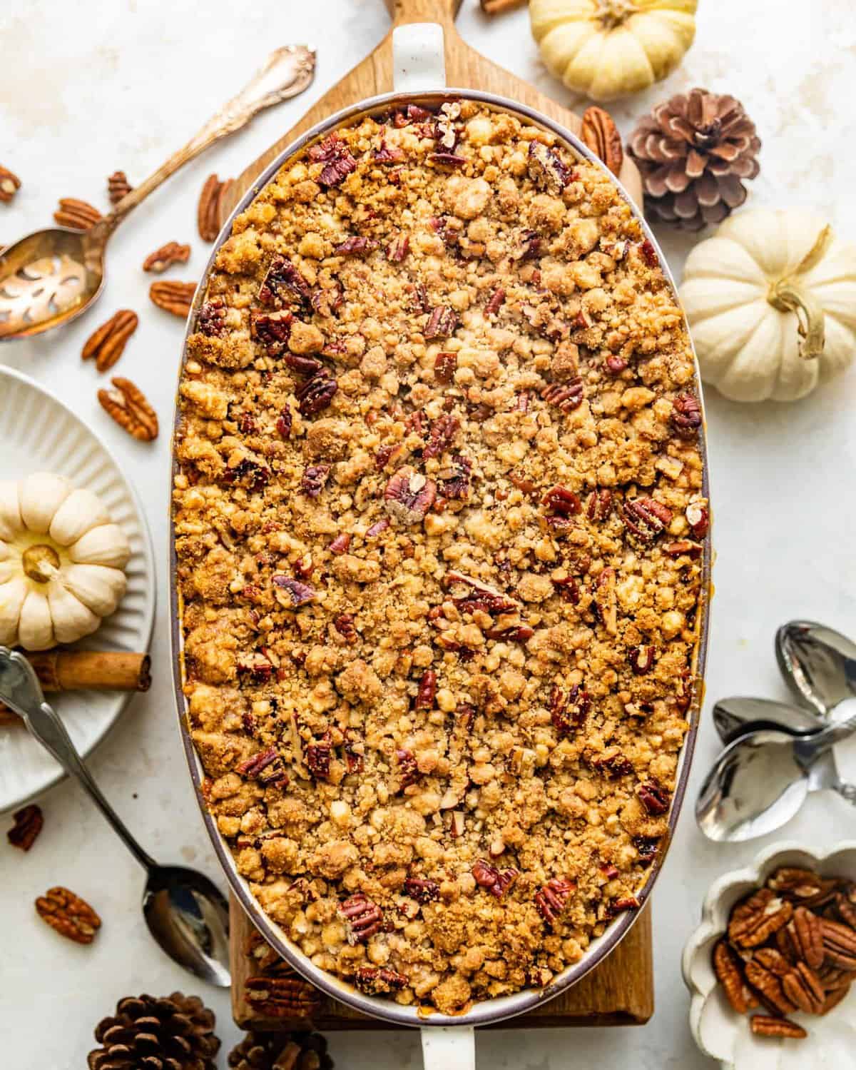 overhead shot of a sweet potato bourbon casserole