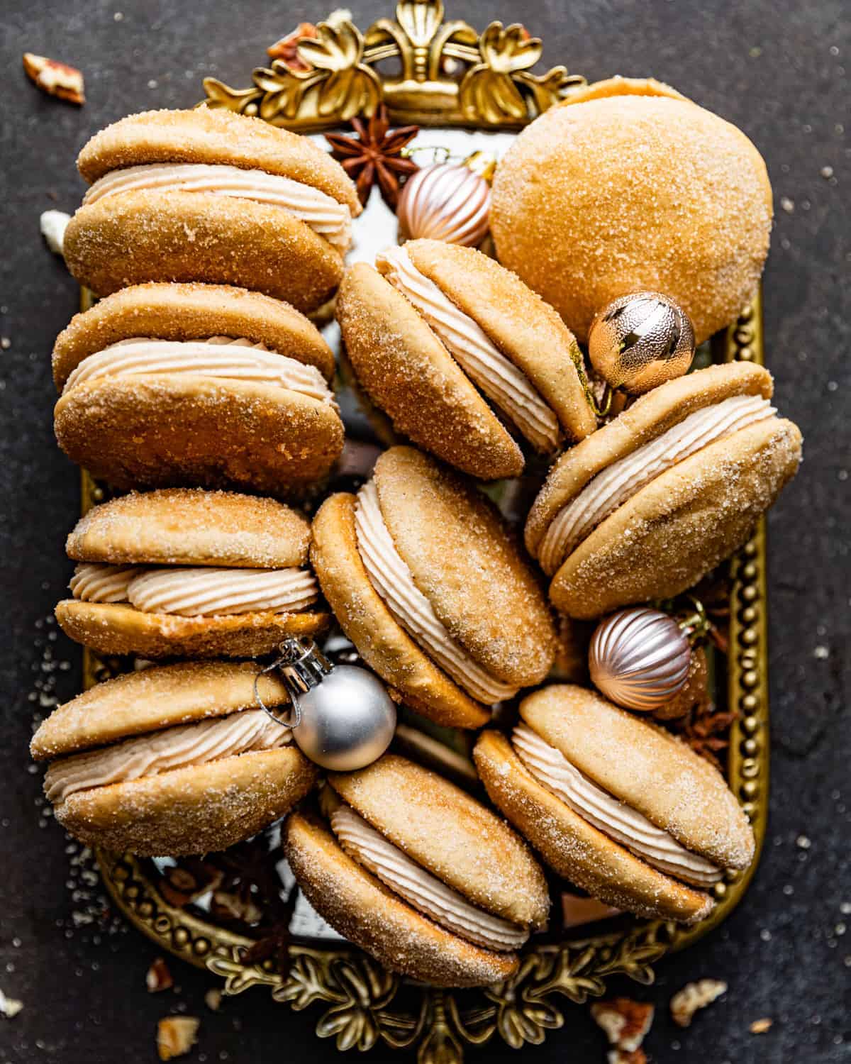 sinckerdoodle whoopie pies on a gold serving tray