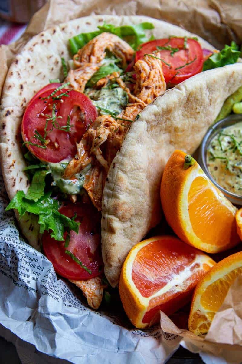 close up shot of greek chicken gyro